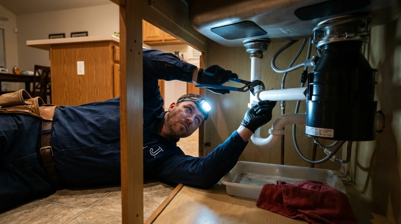 P-trap and supply line connections under a kitchen sink showing a common leak point in Guthrie, KY